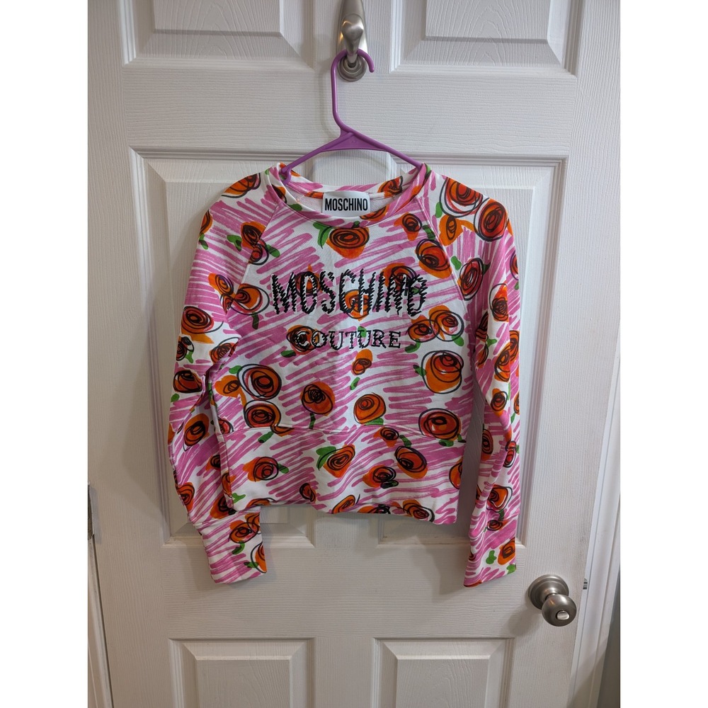 Moschino Couture Pink Rose Print Sweatshirt Cropped Long Sleeve Women's - Size 8